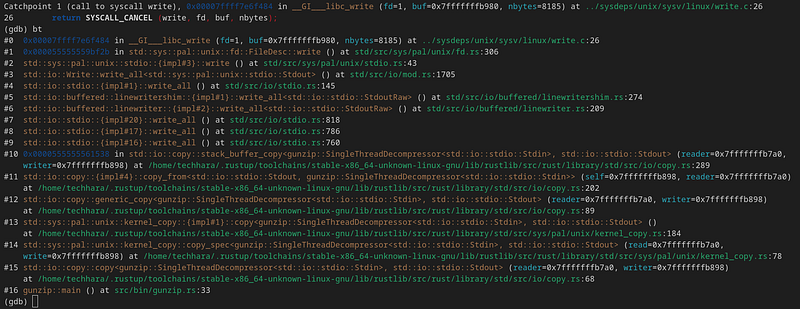 GDB backtrace showing the write call